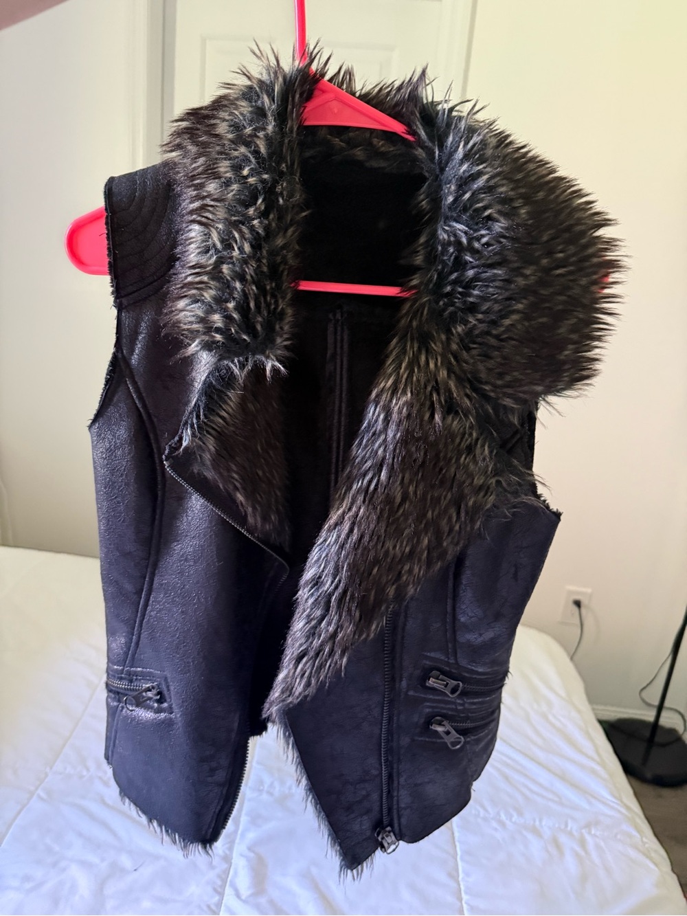 Black Faux Leather Vest with Faux Fur Collar